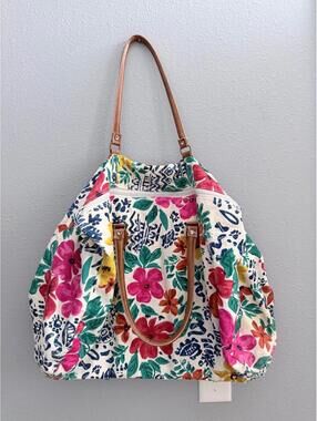 Large Floral Vintage Canvas Duffle Bag w/ Genuine Leather Straps